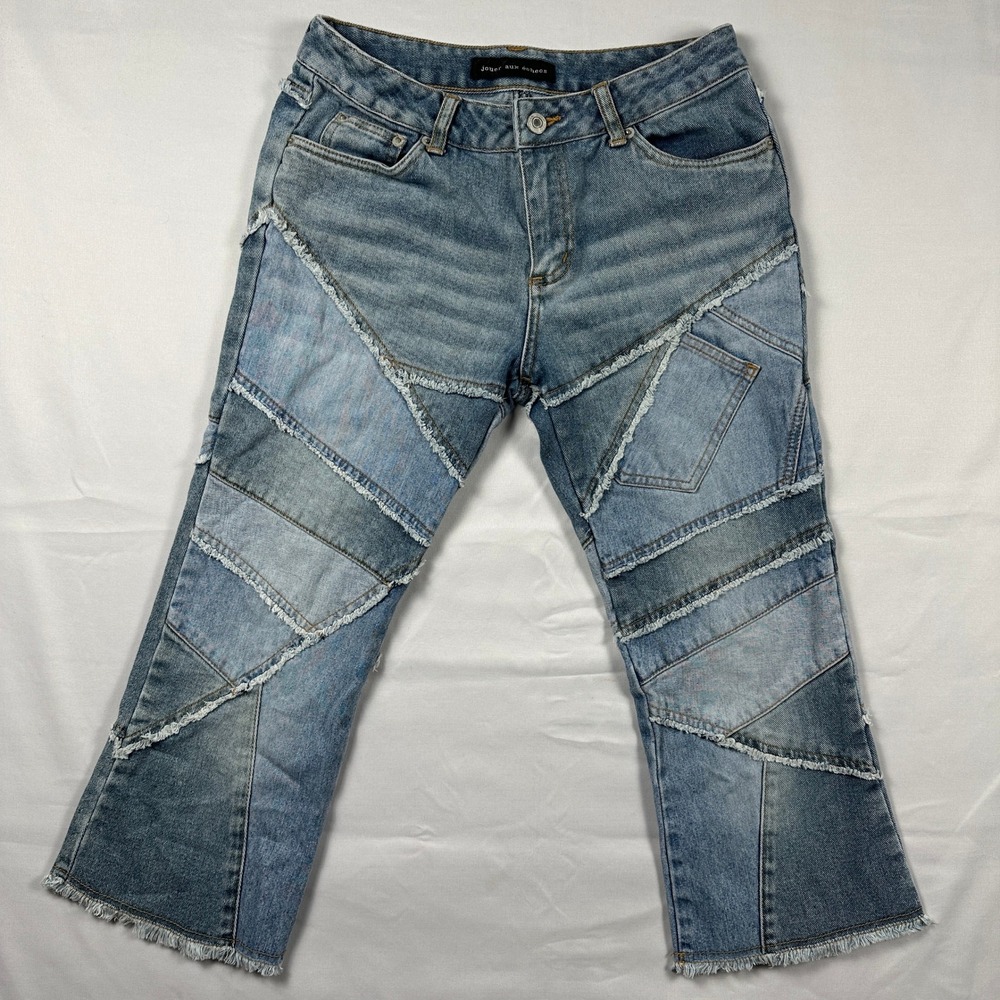 Jouer aux echecs Womens Patchwork Denim Jeans Blue Frayed Raw Hem Cropped 43911